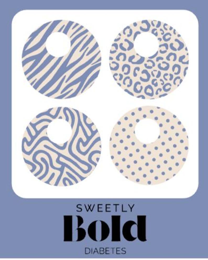 May include: Four circular designs with a hole in the center, each featuring a different pattern: zebra stripes, leopard spots, abstract swirls, and small dots. The text "SWEETLY BOLD DIABETES" is displayed in a bold font at the bottom, all on a blue background.