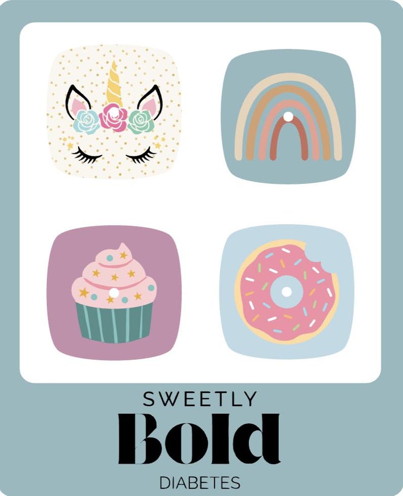May include: A square graphic with four illustrations: a unicorn, a rainbow, a cupcake, and a donut with a bite taken out. The text "SWEETLY Bold DIABETES" is at the bottom. The background is light blue.
