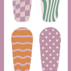 May include: A graphic with four abstract shapes in a white rounded rectangle. The shapes feature patterns like a checkerboard, wavy lines, and polka dots in shades of purple, orange, and teal. The text "SWEETLY BOLD DIABETES" is at the bottom.