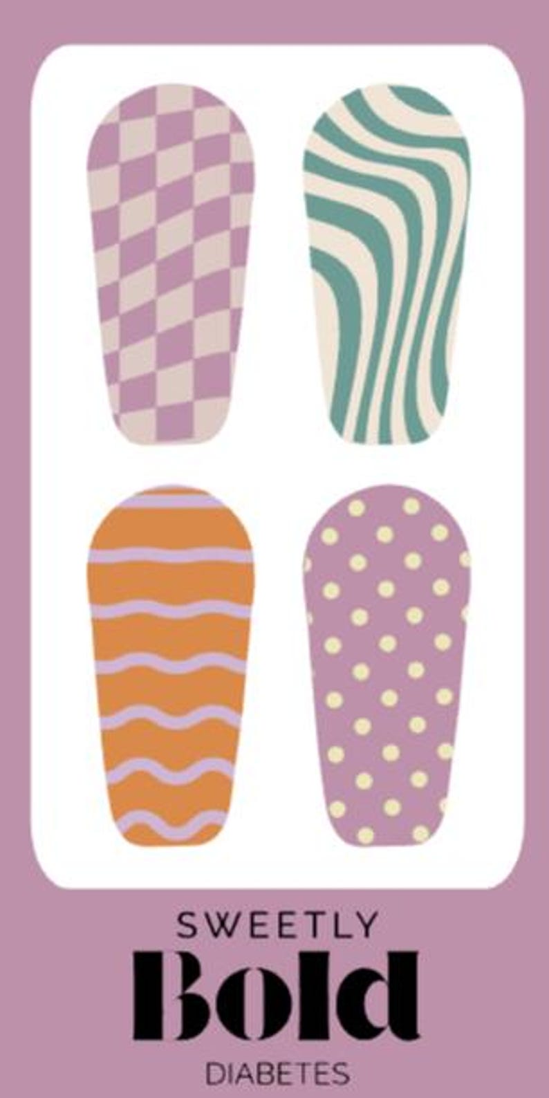 May include: A graphic with four abstract shapes in a white rounded rectangle. The shapes feature patterns like a checkerboard, wavy lines, and polka dots in shades of purple, orange, and teal. The text "SWEETLY BOLD DIABETES" is at the bottom.