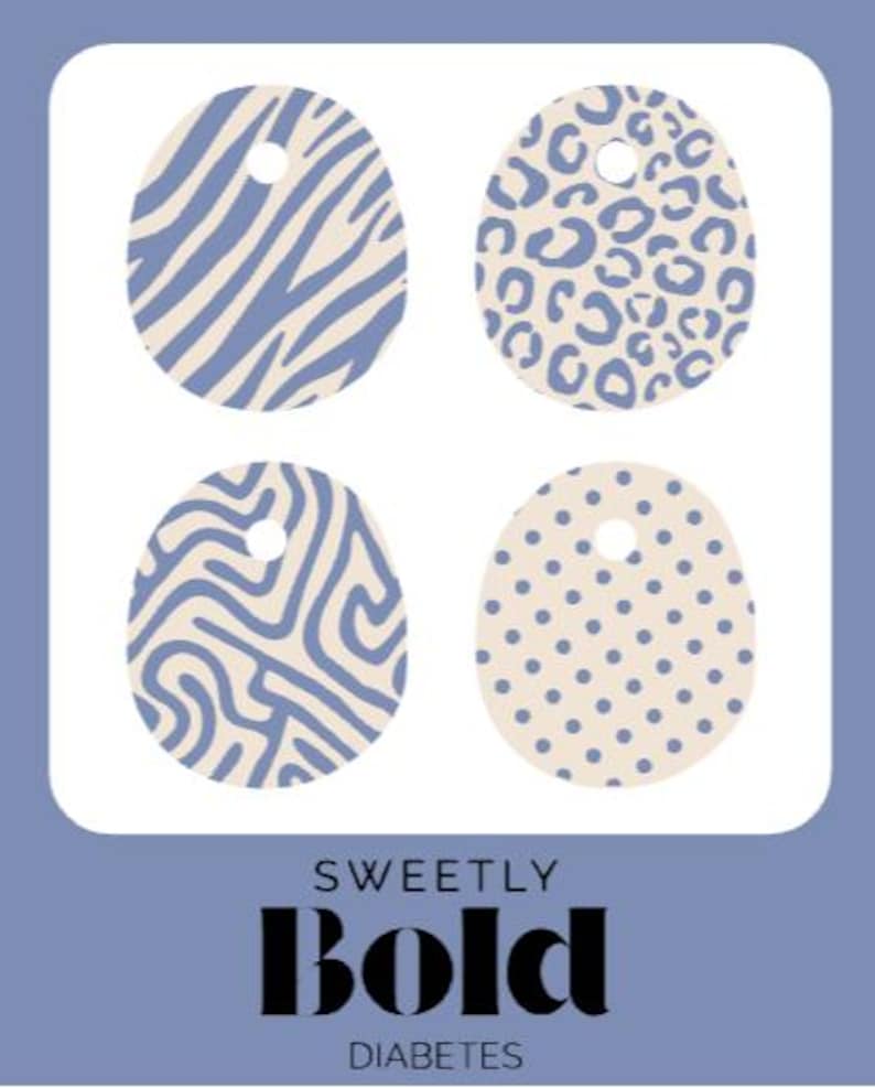 May include: Four oval-shaped tags with different patterns: zebra stripes, leopard spots, wavy lines, and polka dots. Each tag is light beige with blue designs and a hole at the top. The text "SWEETLY BOLD DIABETES" is at the bottom.