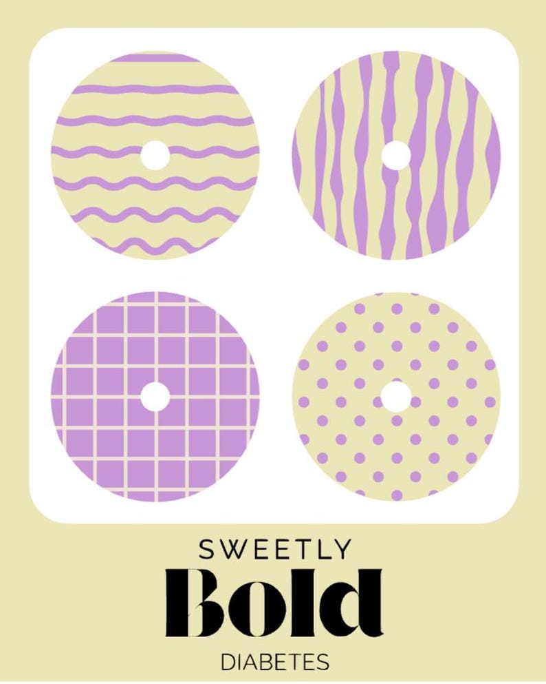 Puede incluir: Un dise&ntilde;o gr&aacute;fico con cuatro patrones circulares en lavanda y amarillo claro. Los dise&ntilde;os incluyen l&iacute;neas onduladas, rayas verticales, una cuadr&iacute;cula y lunares. El texto "SWEETLY BOLD DIABETES" se muestra debajo.