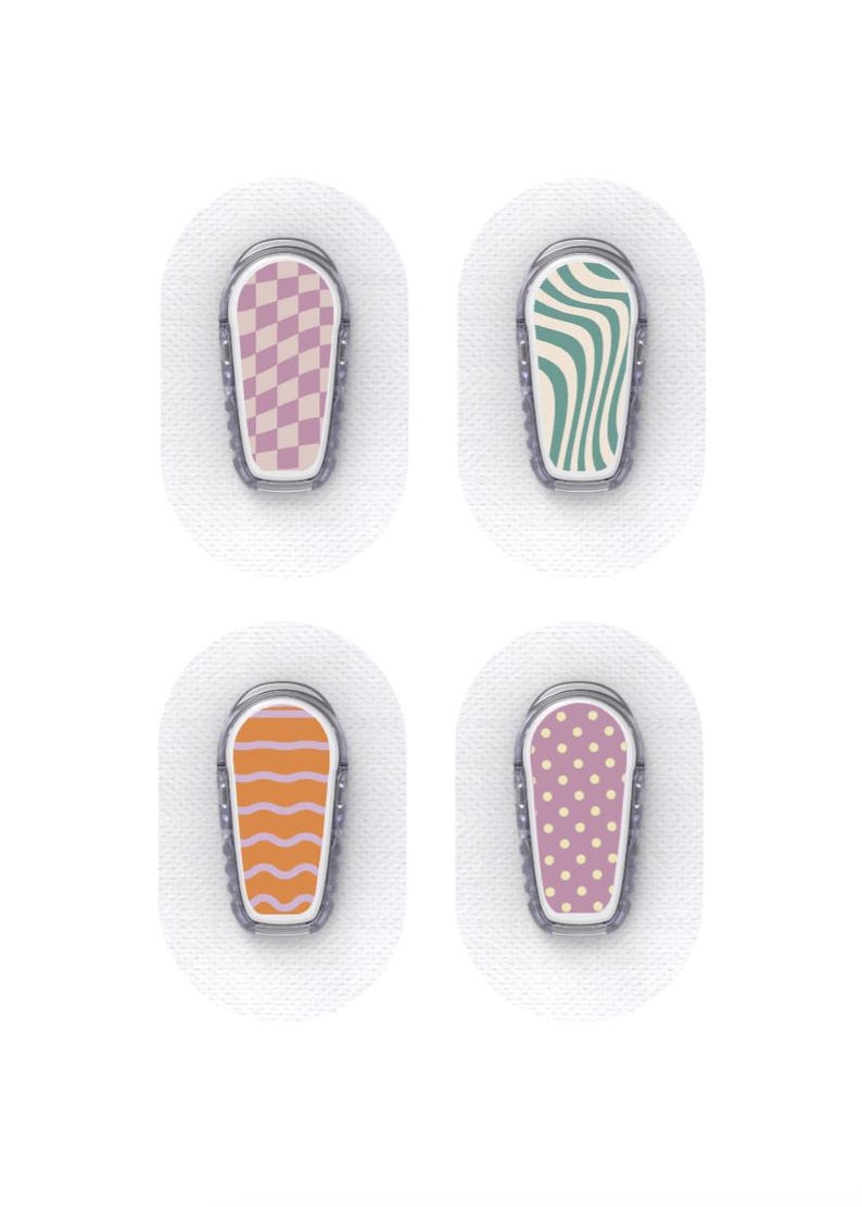 May include: Four adhesive patches with decorative designs. Each patch has a different pattern: a pink and white checkerboard, green and white wavy lines, orange wavy lines, and pink polka dots. The patches are on a white background.