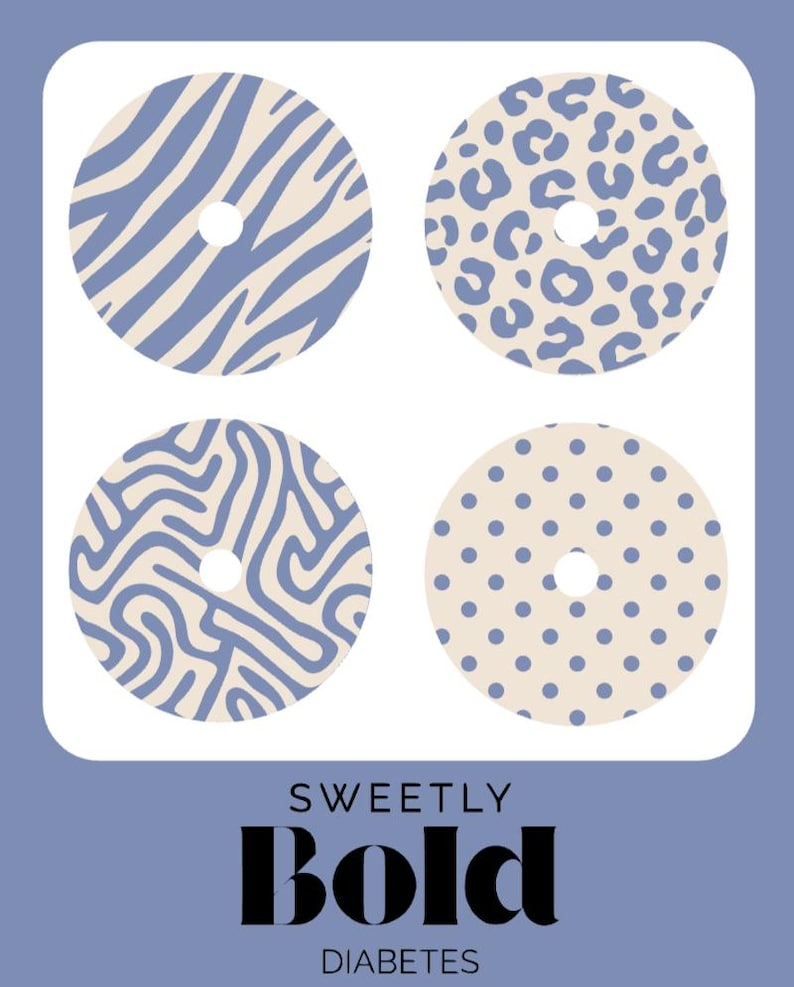 May include: Four circular designs with a central hole, each with a different pattern: zebra stripes, leopard spots, abstract swirls, and small dots. The designs are in light blue and beige. The text "SWEETLY BOLD DIABETES" is at the bottom.