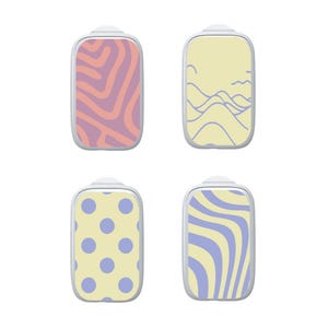 May include: Four rectangular adhesive patches with rounded corners, each featuring a distinct pattern. One has orange and purple wavy lines, one shows yellow mountains, one displays purple polka dots on yellow, and one has purple and yellow wavy stripes.