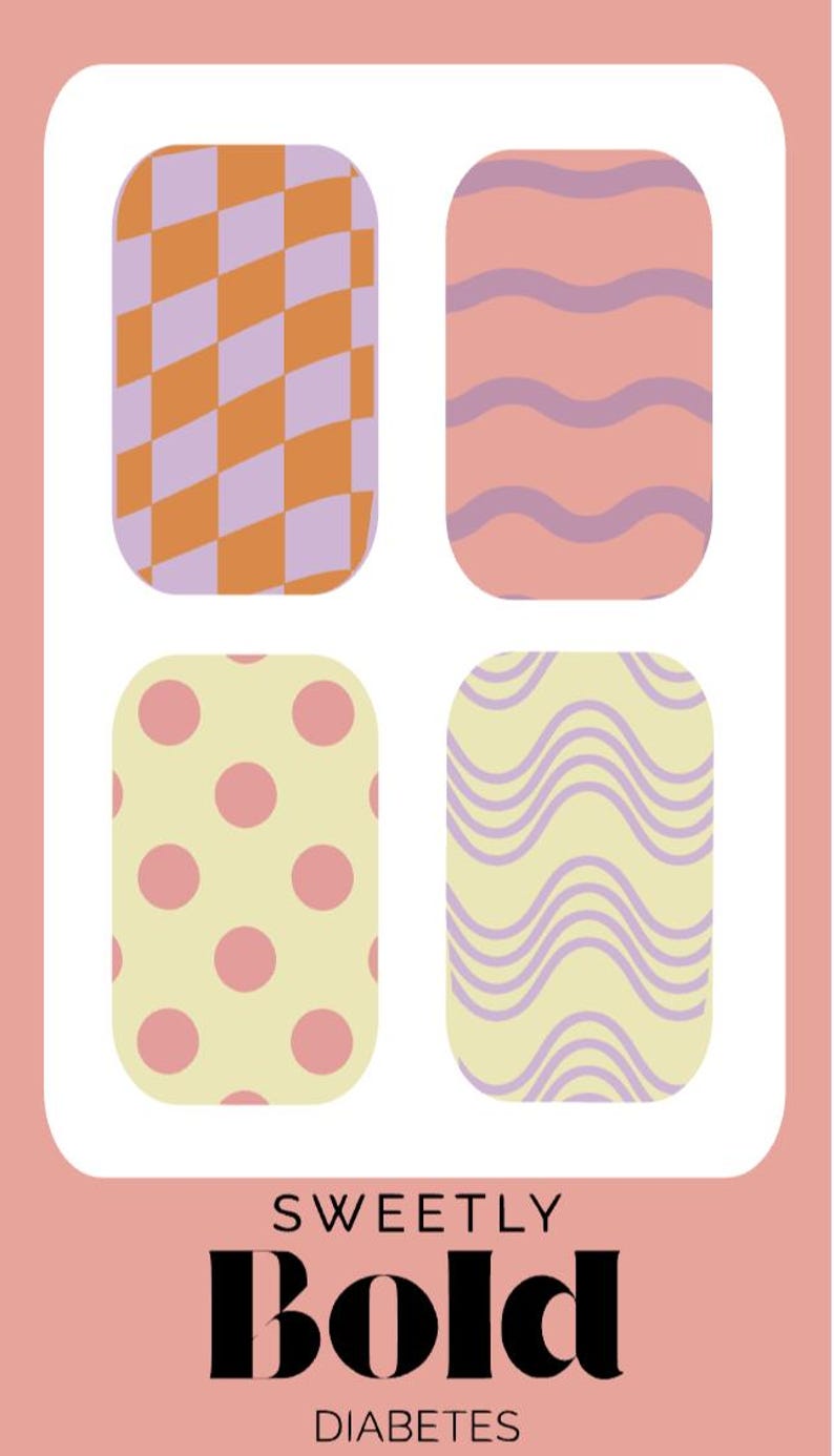 Puede incluir: Un conjunto de cuatro parches adhesivos rectangulares con esquinas redondeadas, con patrones de cuadros naranjas y morados, ondas moradas sobre rosa, puntos rosas sobre amarillo y l&iacute;neas onduladas moradas sobre amarillo, con el texto SWEETLY Bold DIABETES.