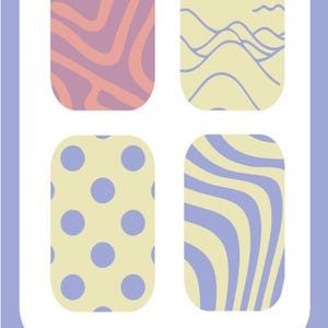 May include: A rectangular sheet containing four rounded-corner adhesive patches with distinct patterns: orange and purple wavy lines, yellow with purple mountain outlines, yellow with purple polka dots, and yellow with purple vertical wavy stripes. Text reads SWEETLY Bold DIABETES.