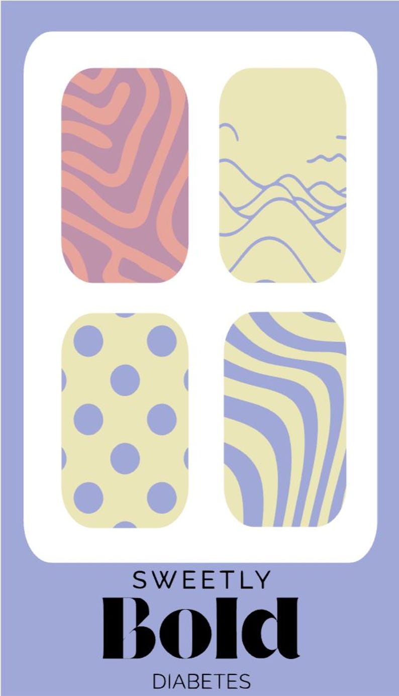 May include: A rectangular sheet containing four rounded-corner adhesive patches with distinct patterns: orange and purple wavy lines, yellow with purple mountain outlines, yellow with purple polka dots, and yellow with purple vertical wavy stripes. Text reads SWEETLY Bold DIABETES.