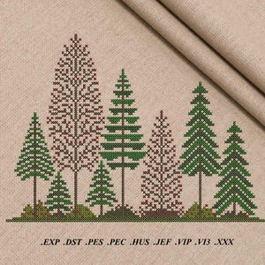 May include: Cross-stitch design of a forest scene featuring various trees in green and brown hues. The trees are stitched on a beige fabric. The text at the bottom reads: .EXP .DST .PES .PEC .HUS .JEF .VIP .VI3 .XXX.