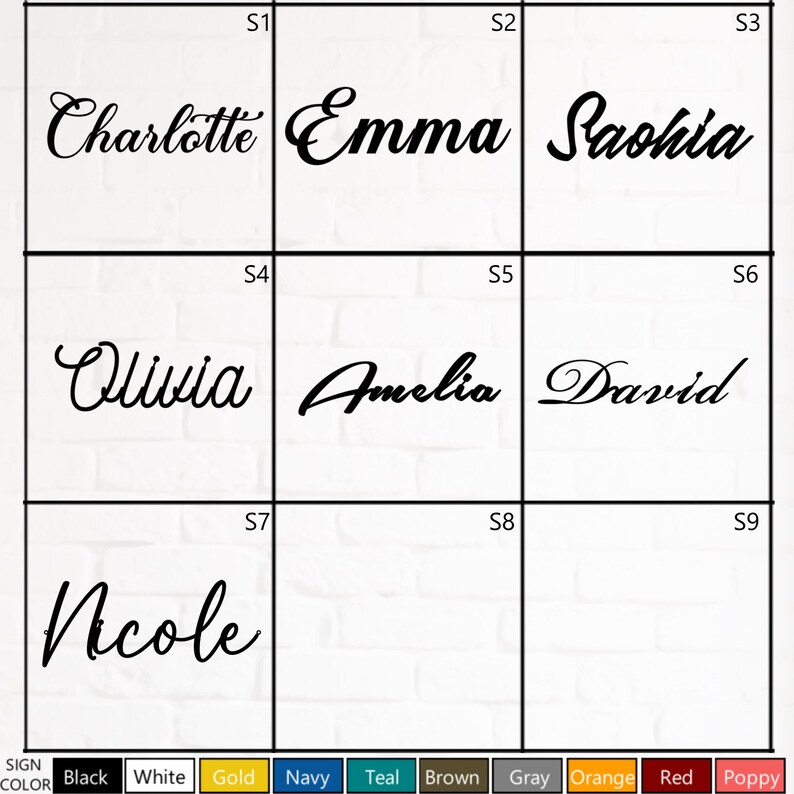 May include: Nine black cursive name signs on a white brick background. Names include Charlotte, Emma, Sasha, Olivia, Amelia, David, and Nicole. A color palette at the bottom offers black, white, gold, navy, teal, brown, gray, orange, red, and poppy.