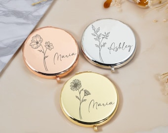 Personalized Compact Mirror Mirror Gift For Wedding,Luxurious Pocket Mirror For Bridesmaid Gifts, Birth Flower Gift for women Gift for Her