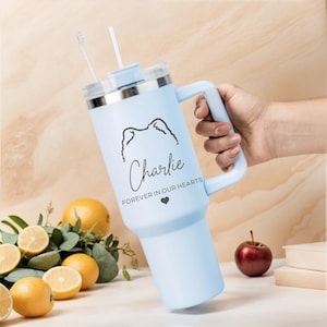 Vaso conmemorativo para perro, de 40 oz, para mamá de perro, con orejas de perro personalizadas y nombre grabado, regalo para el recuerdo de un perro, regalo para mamá y papá de perro.