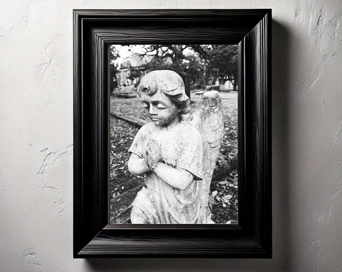 Praying Angel Statue – Black and White Cemetery Photography – Gothic Wall Art – Haunting Graveyard Print – Mourning Decor – Dark Angel Photo
