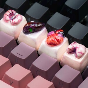 Op de afbeelding: Close-up van een mechanisch toetsenbord met aangepaste keycaps. De keycaps zijn wit met gedetailleerde, kleurrijke anatomische ontwerpen. De toetsen van het toetsenbord zijn in verschillende tinten roze, paars en zwart.