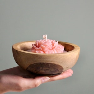 Handmade Peony Flower Candle in Walnut Wood Bowl – Floral Soy Wax Candle – Rustic Home Decor – Unique Gift Idea