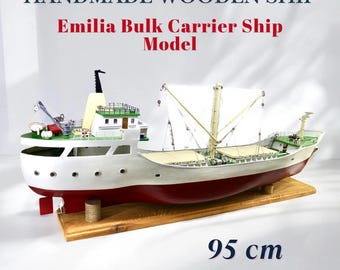 Handcrafted Wooden Cargo Ship Model: 95cm Vintage Nautical Decor