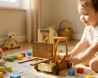 Carrello elevatore giocattolo in legno fatto a mano: forche mobili, include pallet
