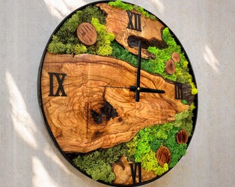 Handmade Moss Wall Clock with Live Edge Olive Wood | Natural Rustic Decor | Eco-Friendly Statement Clock | Unique Housewarming Gift