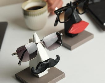 Handmade Wooden Glasses Stand: Mustache & Lips Novelty Decor