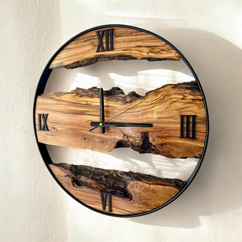 Large Olive Wood Wall Clock | Live Edge Rustic Farmhouse Decor | Modern ...