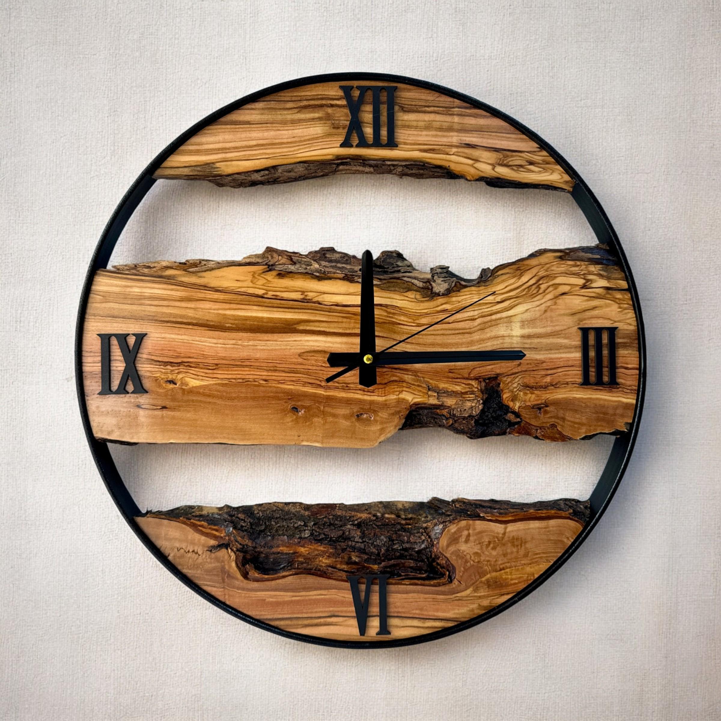 Handmade Olive Wood Live Edge Clock: Rustic Metal Frame Wall Art - Etsy