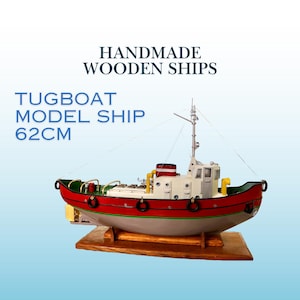 Handmade Wooden Tugboat Model: 62cm Nautical Home Decor