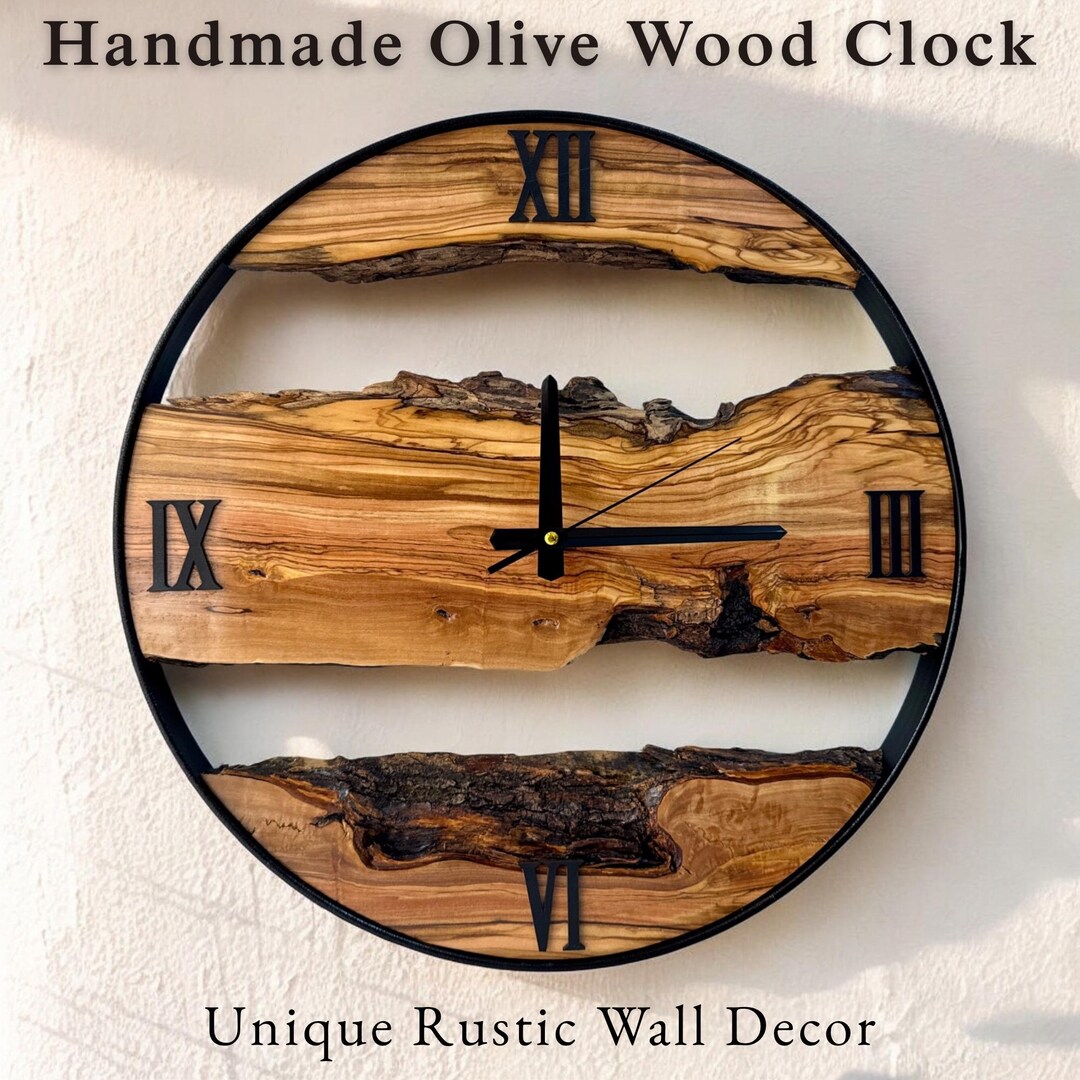 Large Olive Wood Wall Clock | Live Edge Rustic Farmhouse Decor | Modern ...