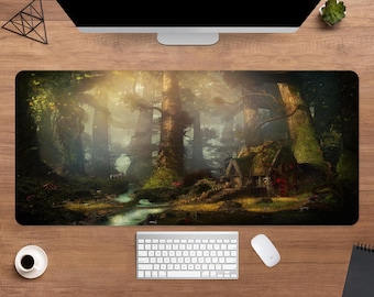 Enchanted Forest Cottage Desk Mat | Magical Woodland Mouse Pad | Large Desk Pad | Gaming Desk Decor
