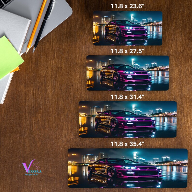 May include: Four rectangular desk mats with a purple sports car design. The mats are labeled with dimensions: 11.8 x 23.6 inches, 11.8 x 27.5 inches, 11.8 x 31.4 inches, and 11.8 x 35.4 inches. The car is set against a city skyline.