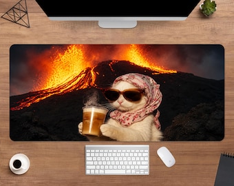 Volcano Cat Meme Desk Mat | Chaos Cat Mouse Pad | Large Desk Pad | Funny Desk Decor