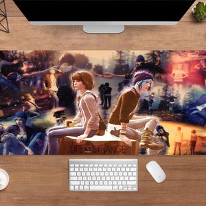 May include: A rectangular desk mat featuring a collage of images from the video game "Life is Strange." The mat showcases characters in various poses, with the game's title prominently displayed. The color palette includes blues, browns, and oranges.