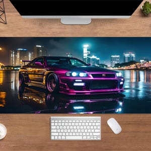 Skyline GT-R R34 skrivbordsmatta | Neon JDM-bilmusmatta | Stor skrivbordsmatta | Skrivbordsdekor för gamer
