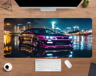 Skyline GT-R R34 Desk Mat | Neon JDM Car Mouse Pad | Large Desk Pad | Gamer Desk Decor