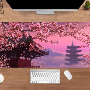 Japanische Sakura Tempel Schreibunterlage | Kirschblüten Berg Fuji Maus Pad | GROSSE Schreibtischunterlage | Anime Gamer Schreibtisch Dekoration