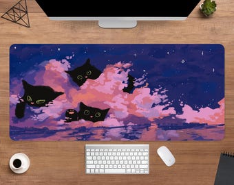 Celestial Black Cats Desk Mat | Cute Cat Mouse Pad | Large Desk Pad | Anime Gamer Desk Decor