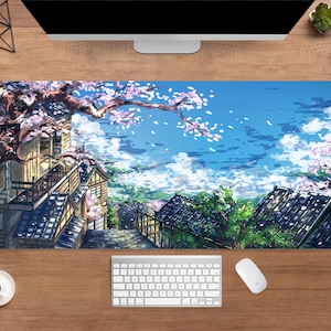 Kawaii Sakura Landschaft Schreibtischunterlage | Kirschblüten Maus Pad | GROSSE Schreibtischunterlage | Anime Gamer Schreibtisch Dekoration