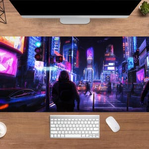 Cyberpunk City Desk Mat | Futuristic Sci-Fi Mouse Pad | Large Desk Pad | Gamer Desk Decor