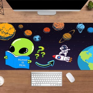 Funny Alien & Astronaut Desk Mat | Space Mouse Pad | Large Desk Pad | Gamer Desk Decor