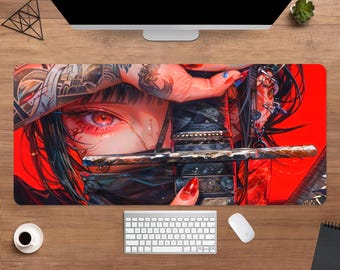 Samurai Anime Girl Desk Mat | Anime Katana Mouse Pad | Large Desk Pad | Gamer Desk Decor