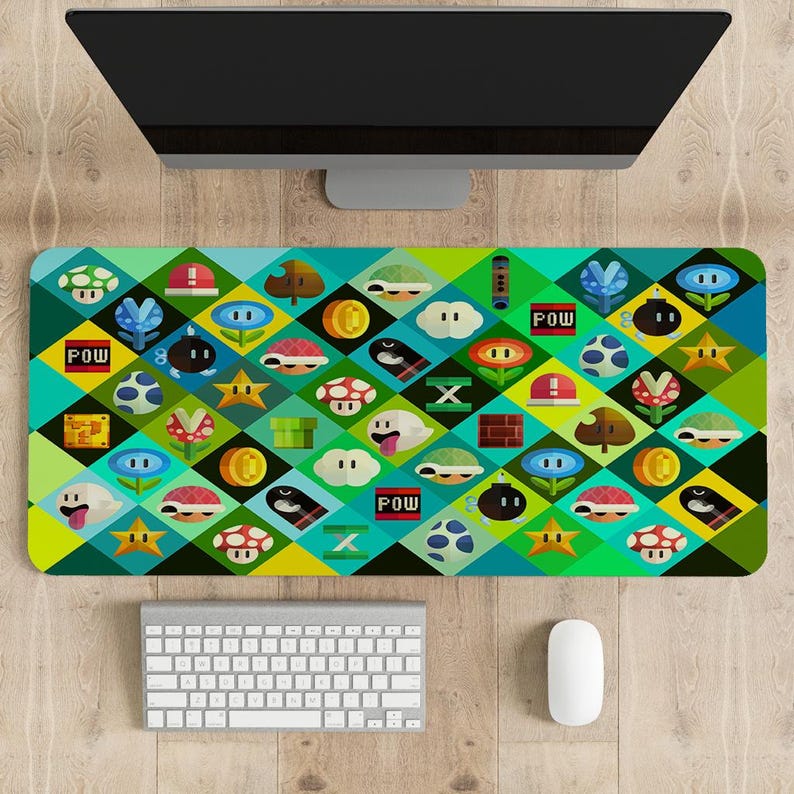 Super Mario Icons Desk Mat | Mario Game Mouse Pad | Large Desk Pad ...