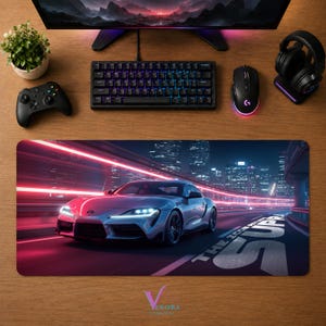 Toyota Supra Desk Mat | Neon JDM Car Mouse Pad | Large Desk Pad | Gamer Desk Decor