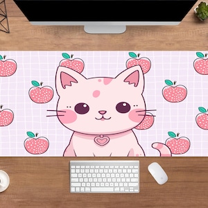Kawaii Pink Cat Desk Mat | Cute Kitty Mouse Pad | Large Desk Pad | Gamer Desk Decor