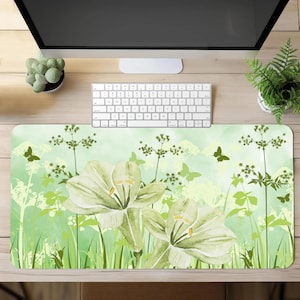 Watercolor Floral Desk Mat | Cottagecore Green Mouse Pad | Large Desk Pad | Botanical Desk Decor