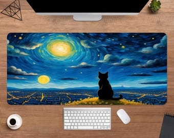 Starry Night Cat Desk Mat | Van Gogh Style Mouse Pad | Large Desk Pad | Anime Gamer Desk Decor