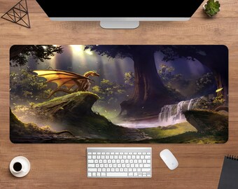 Mystical Dragon Desk Mat | Magical Forest Mouse Pad | Large Desk Pad | Gamer Desk Decor
