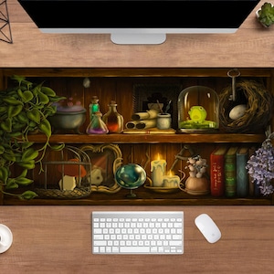 Magical Potion Shelf Desk Mat | Witchy Cottagecore Mouse Pad | Large Desk Pad | Gamer Desk Decor