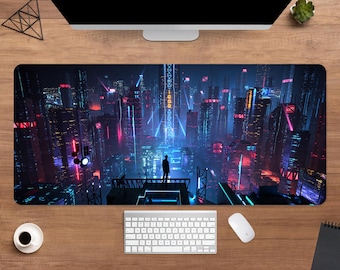 Cyberpunk City Desk Mat | Futuristic Sci-Fi Mouse Pad | Large Desk Pad | Gamer Desk Decor