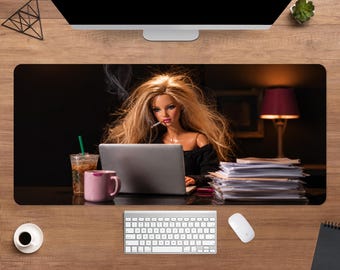 Overworked Doll Desk Mat | Funny Office Mouse Pad | Large Desk Pad | Funny Desk Decor