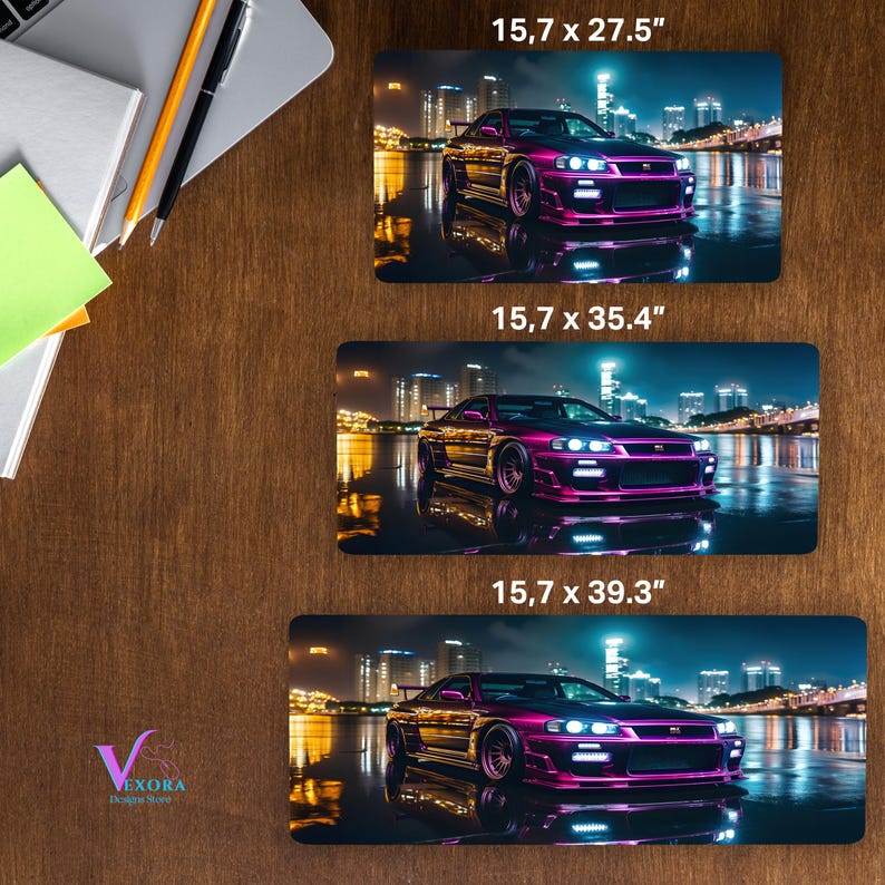 May include: Three rectangular mouse pads with a purple sports car design. The pads measure 15.7 x 27.5 inches, 15.7 x 35.4 inches, and 15.7 x 39.3 inches. The car is set against a cityscape at night.