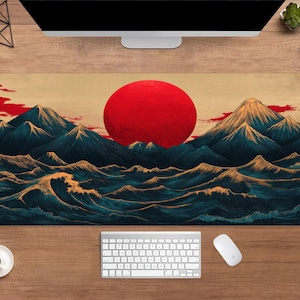 Japanese Wave and Mountain Desk Mat | Japanese Art Mouse Pad | Large Desk Pad | Aesthetic Desk Decor